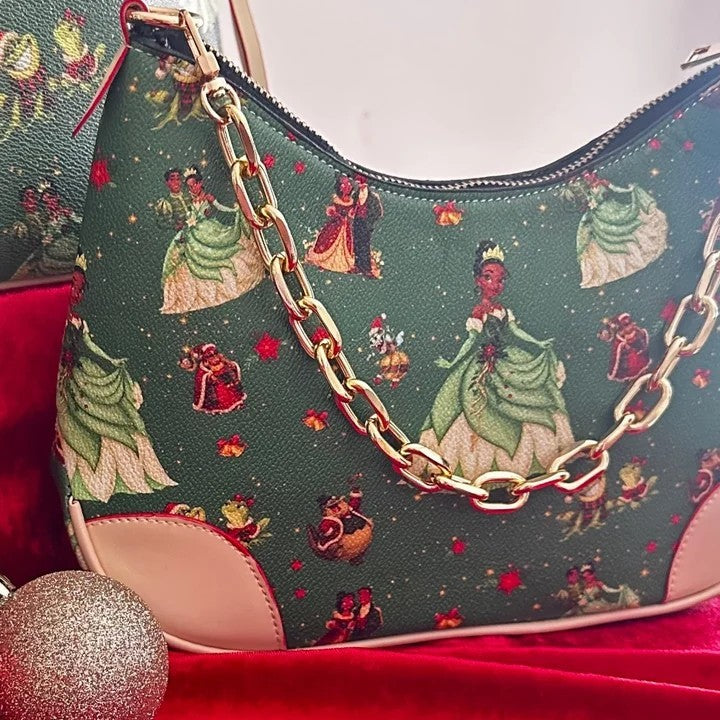 Christmas In the Bayou Chain Bag with gold chain on red velvet